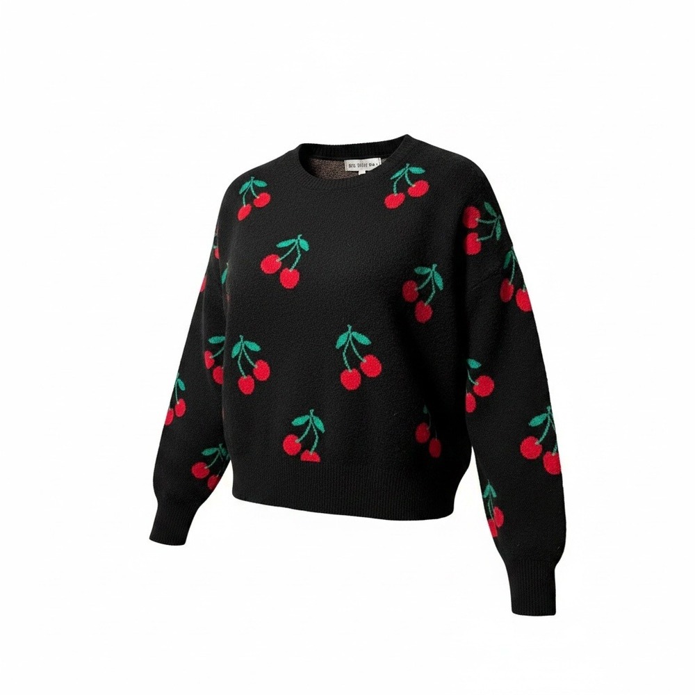 Madden Girl Sweater Womens XL Cherry Print Cropped Knit Retro Coquette Black